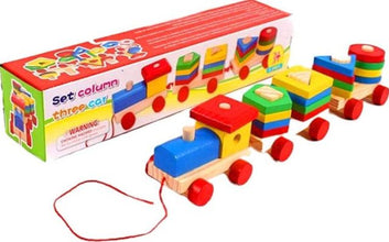 Trenuleț din Lemn – Locomotivă cu 2 Vagoane, Jucărie Interactivă