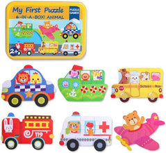 Set Puzzle Mașini Copii – 6 Puzzle-uri Educaționale cu Piese Mari în Cutie Metalică