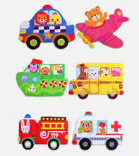 Set Puzzle Mașini Copii – 6 Puzzle-uri Educaționale cu Piese Mari în Cutie Metalică