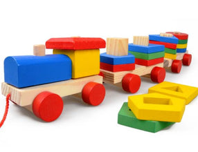 Trenuleț din Lemn – Locomotivă cu 2 Vagoane, Jucărie Interactivă
