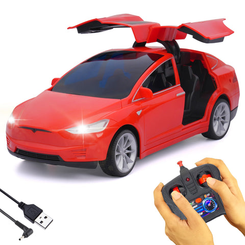 Mașinuță cu telecomandă, Tesla Model X – Uși cu Deschidere, Lumini și Sunete Realiste, Efect Fum
