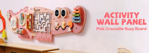 Busy Board Educativ din Lemn, Model Crocodil – Placă de Perete cu 8 Activități pentru Copii