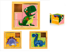 Cuburi Puzzle din Lemn cu Dinozauri – Set Educativ 8 Piese pentru Copii