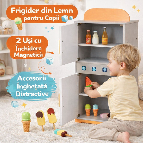 Frigider din Lemn cu 2 Uși și Accesorii Înghețată – Jucărie de Rol Educativă pentru Copii