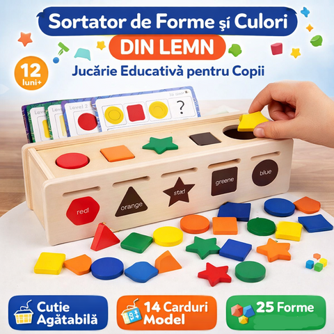 Sortator de Forme și Culori din Lemn – Jucărie Educativă pentru Copii