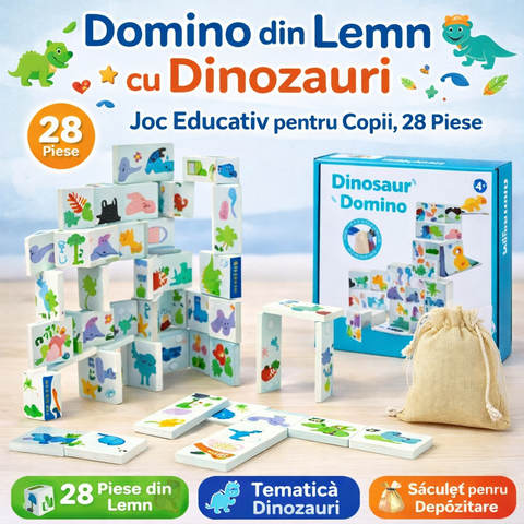 Domino cu Dinozauri din Lemn – Set Educativ cu 28 Piese pentru Copii