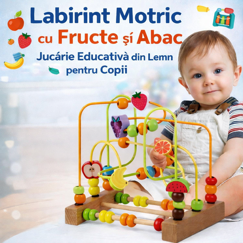 Labirint Motric cu Fructe și Abac din Lemn - Jucărie Educativă 2 în 1