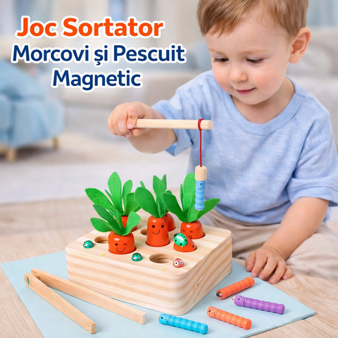 Joc Sortator Morcovi și Pescuit Magnetic – Jucărie Educativă din Lemn, 17 Piese