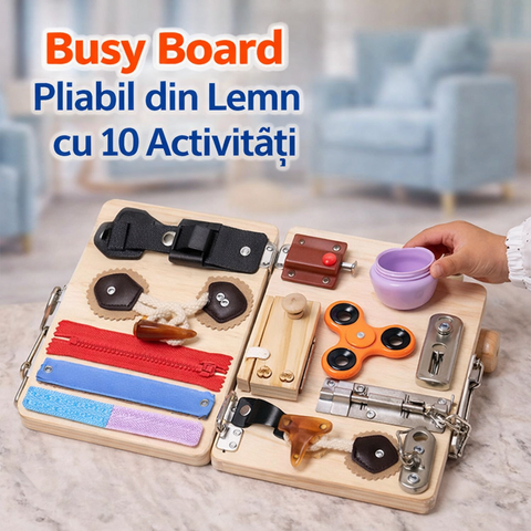 Busy Board din Lemn, Pliabil – 10 Activități pentru Dezvoltare