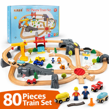 Circuit din Lemn KABI cu Trenuleț, Vehicule și Figurine – Set Educativ 80 Piese