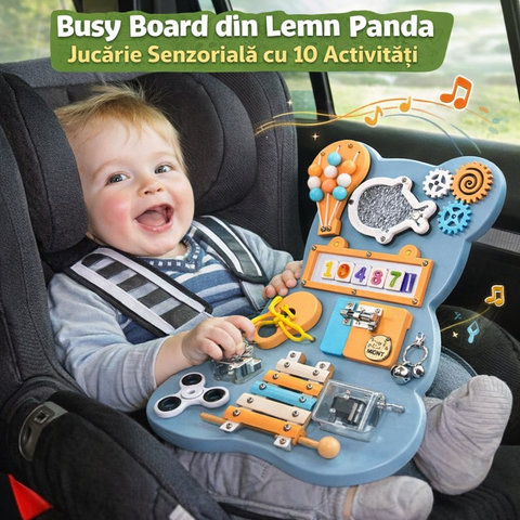 Busy Board Panda din Lemn – Jucărie Senzorială și Educativă cu 10 Activități