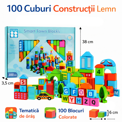 Set 100 Cuburi din Lemn Smart Town – Jucărie de Construcție Educațională