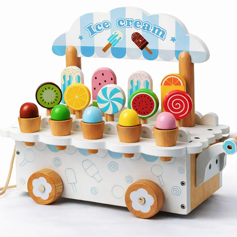 Stand de Înghețată din Lemn cu Cărucior – Jucărie de Rol, 32 cm