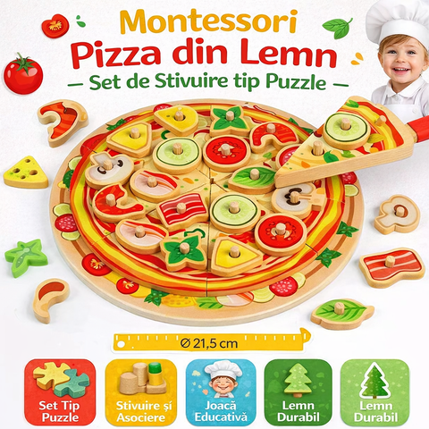 Set Puzzle Pizza din Lemn – Jucărie de Învățare prin Joacă