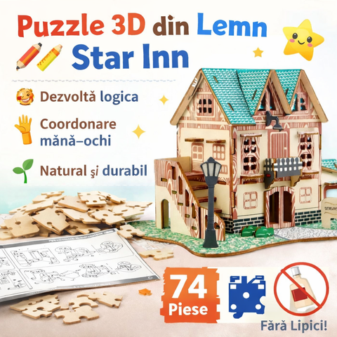 Machetă 3D din Lemn Star Inn – Puzzle de Construcție Educativ pentru Copii