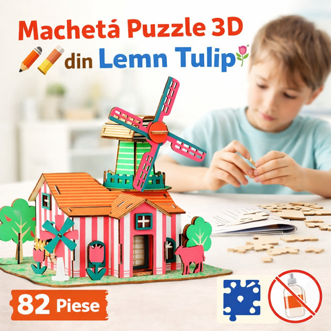 Machetă Puzzle 3D din Lemn Tulip – Joc Creativ de Construcție