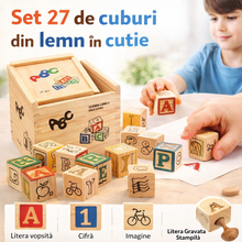 Set 27 Litere si Cifre, Cuburi din Lemn în Cutie – Joc Educativ de Construcție