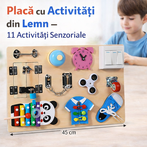 Placă Senzorială din Lemn – Joc Educativ cu 11 Activități