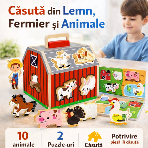 Set de Joacă cu Fermier și Animale - Căsuță din Lemn