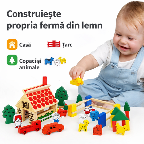 Fermă din Lemn – Set Cuburi de Construcție, 48 Piese