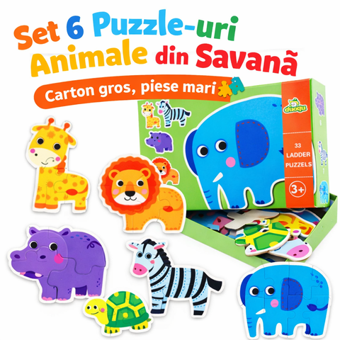 Set 6 Puzzle-uri Animale Savană – Joc Educativ din Carton Gros