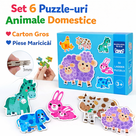 Set 6 Puzzle-uri Animale Domestice – Joc Educativ din Carton Gros