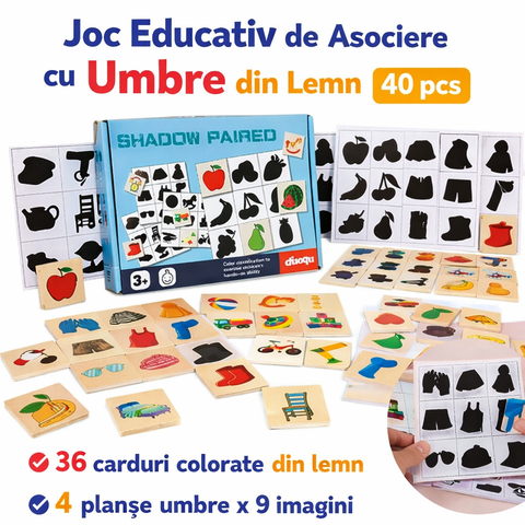 Joc de Asociere Umbre din Lemn – Joc Educativ, 40 Piese
