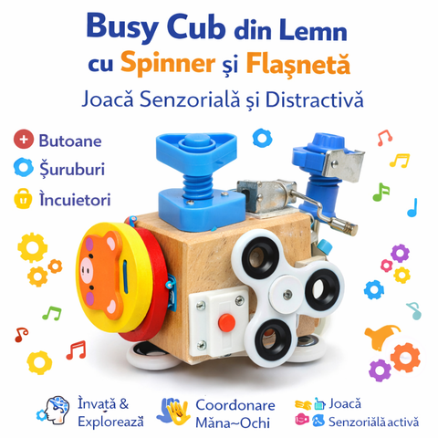 Cub Senzorial din Lemn cu Spinner și Flașnetă - Joc de Îndemânare