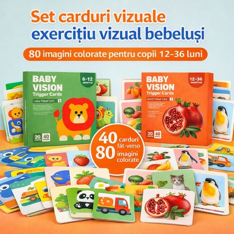 Set 2 Carduri Exercitii Vizuale, Animalute si Fructe, varsta 6-36 luni