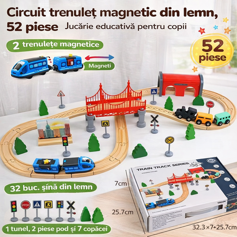 Circuit trenuleț din lemn cu magneți – 52 piese, jucărie educativă