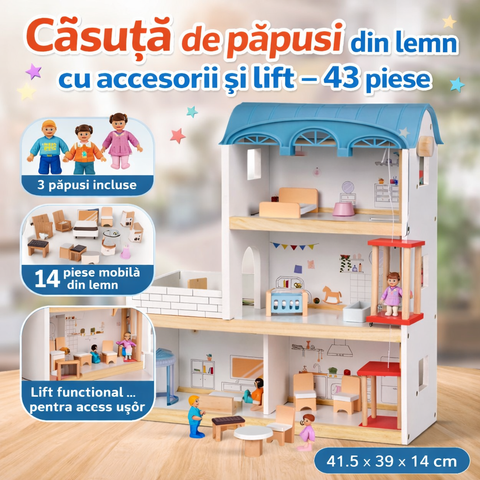 Căsuță de păpuși din lemn – Set cu lift și accesorii, 43 piese