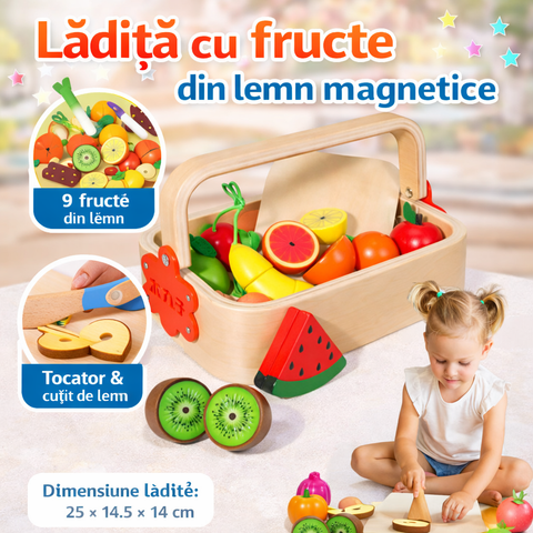 Lădiță cu fructe magnetice din lemn – Set educativ pentru copii