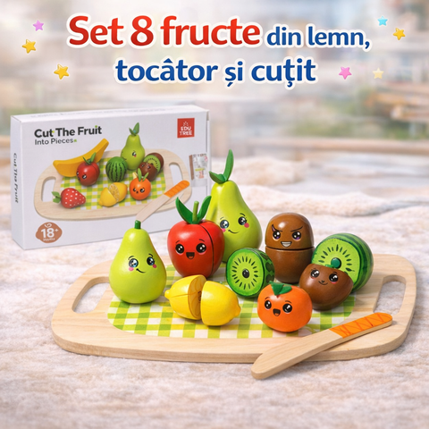 Set 8 fructe din lemn cu tocător și cuțit – Jucărie educativă pentru copii