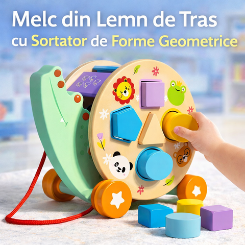 Melc din Lemn de Tras cu Sortator de Forme – Jucărie Educativă pentru Copii