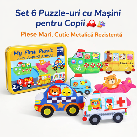 Set Puzzle Mașini Copii – 6 Puzzle-uri Educaționale cu Piese Mari în Cutie Metalică