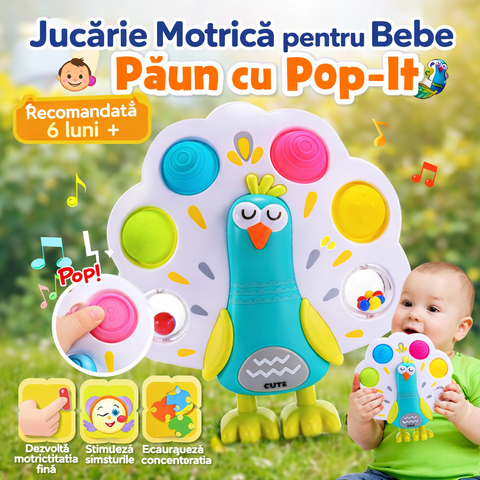 Jucărie Senzorială Bebeluși, Păun – Pop-It pentru Motricitate Fină