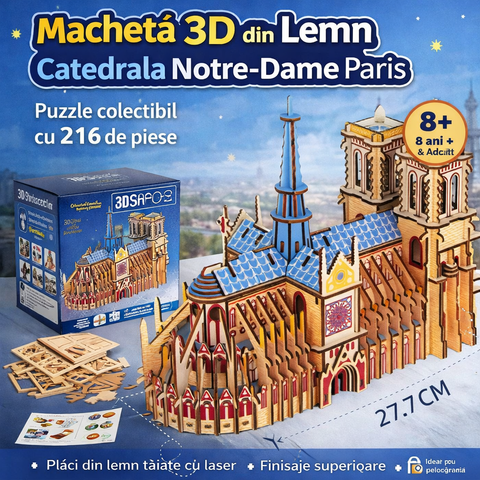 Puzzle 3D din Lemn Notre-Dame Paris – Machetă Arhitecturală