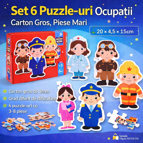Set 6 Puzzle-uri Educationale cu Ocupații – Carton Gros, Piese Mari pentru Copii