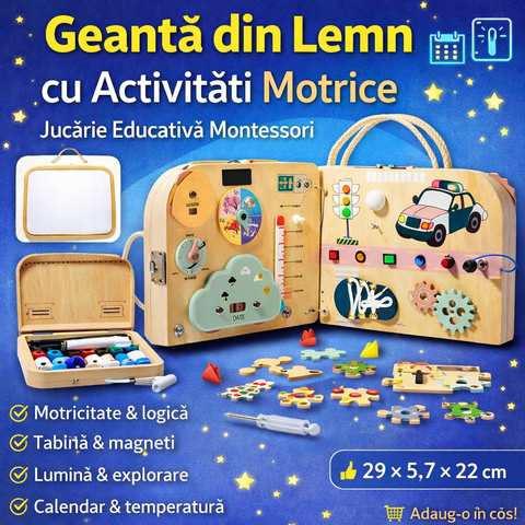 Geantă din Lemn cu Activități Motrice – Jucărie Educativă pentru Copii