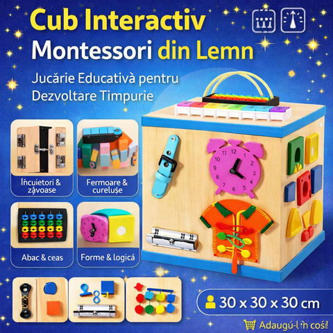 Cub Interactiv Montessori din Lemn – Jucărie Educativă pentru Copii