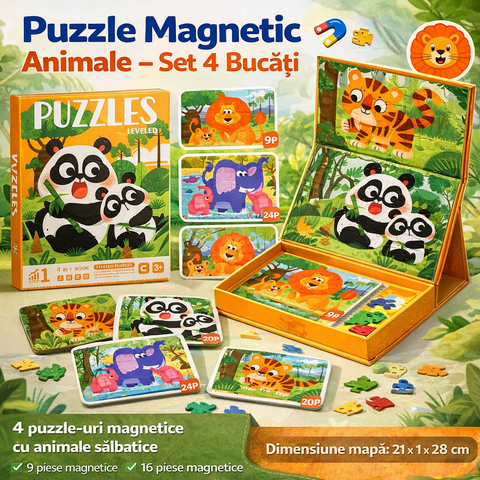 Puzzle Magnetic Animale – Set 4 Bucăți, Jucărie Educativă și Creativă