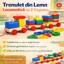 Trenuleț din Lemn – Locomotivă cu 2 Vagoane, Jucărie Interactivă
