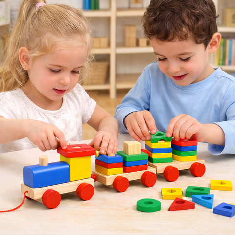 Trenuleț din Lemn – Locomotivă cu 2 Vagoane, Jucărie Interactivă