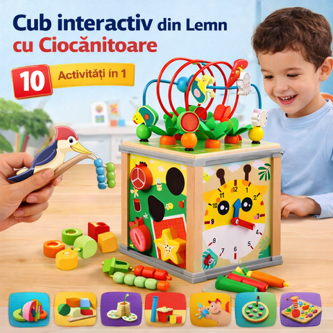 Cub Educativ din Lemn cu Ciocănitoare – 10 Activități Interactive pentru Copii