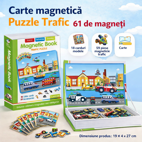 Carte Magnetică tip Puzzle Trafic – 61 de Magneți Educaționali pentru Copii