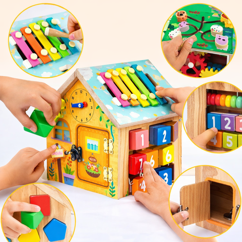 Căsuță interactivă din lemn cu 8 activități Educative