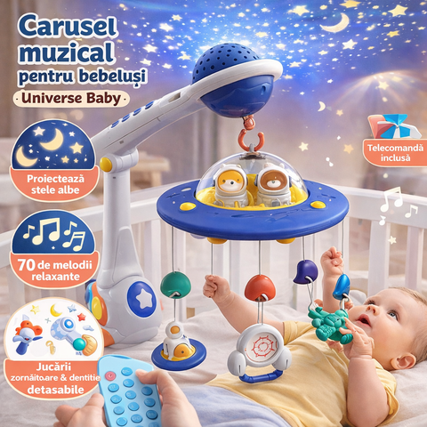 Carusel muzical pentru bebeluși cu proiecție și telecomandă – Universe Baby