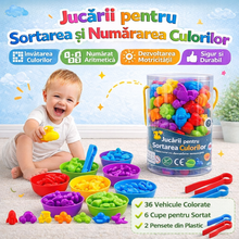 Joc 2 în 1 Sortare culori și vehicule - Set educativ copii, 36 piese