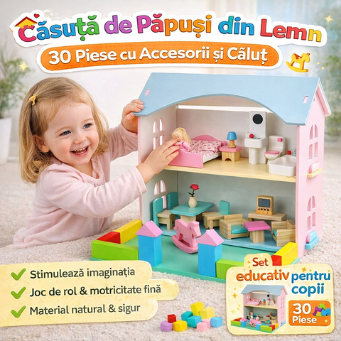 Căsuță de păpuși din lemn, 30 piese – accesorii complete + căluț inclus
