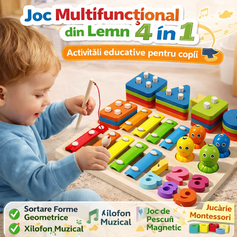 Joc multifuncțional din lemn 4 în 1 pentru copii – Dezvoltare cognitivă și motrică